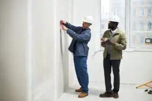 Two biracial designers of interior standing in spacious snow white room and choosing wall color